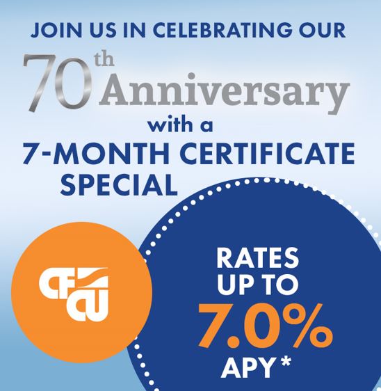 Join us in celebrating our 70th anniversary with a 7-month certificate special. Rates up to 7.0% APY.